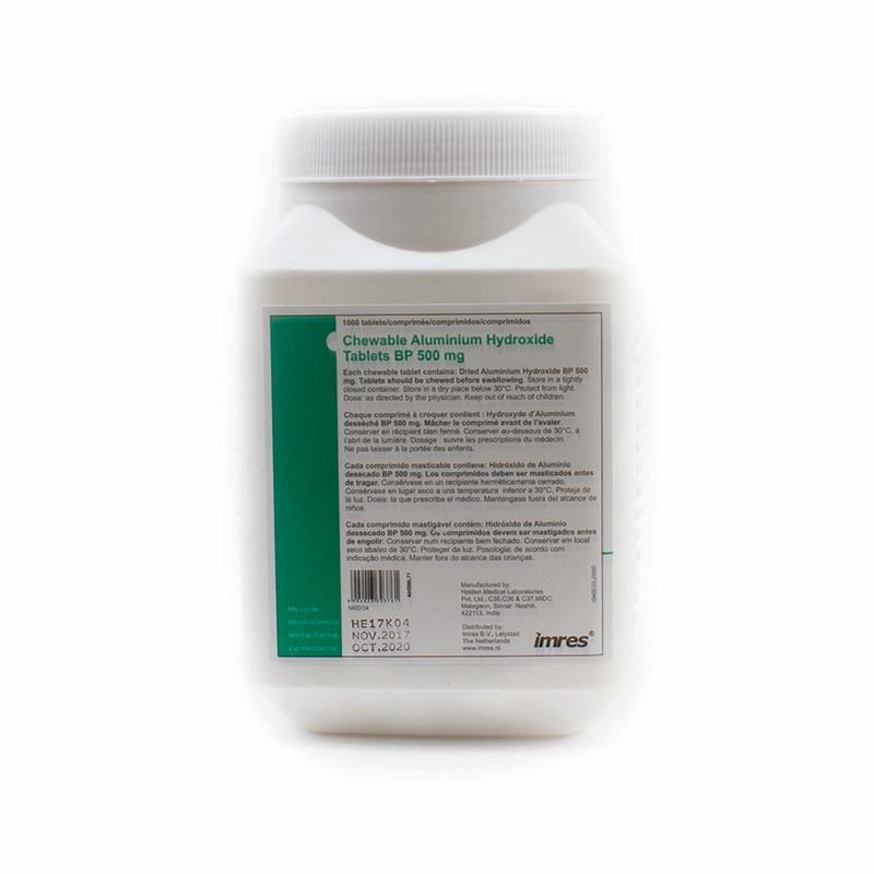 10400 aluminium hydroxide 500 mg chewable tablet (mint flavoured). Contains 18 units of 1000.